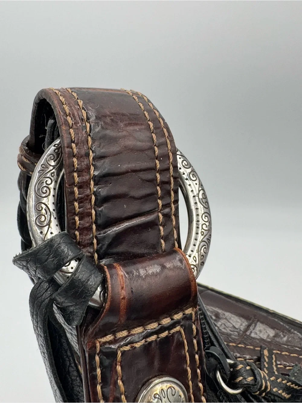 Brighton Vintage Black Leather Croc Embossed Metal Scrollwork Hobo Shoulder Bag